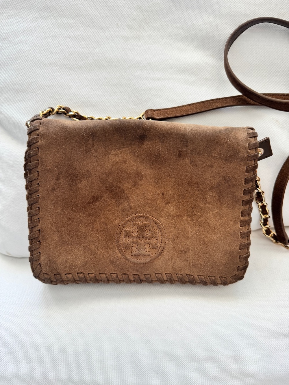 Tory Burch Brown Suede Whipstitch Crossbody with Chain Strap